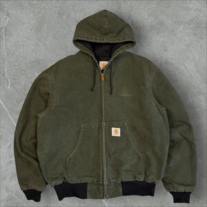 Vintage 90s Carhartt JR104 Forest Green Hooded Thermal Canvas Active Jacket - L
